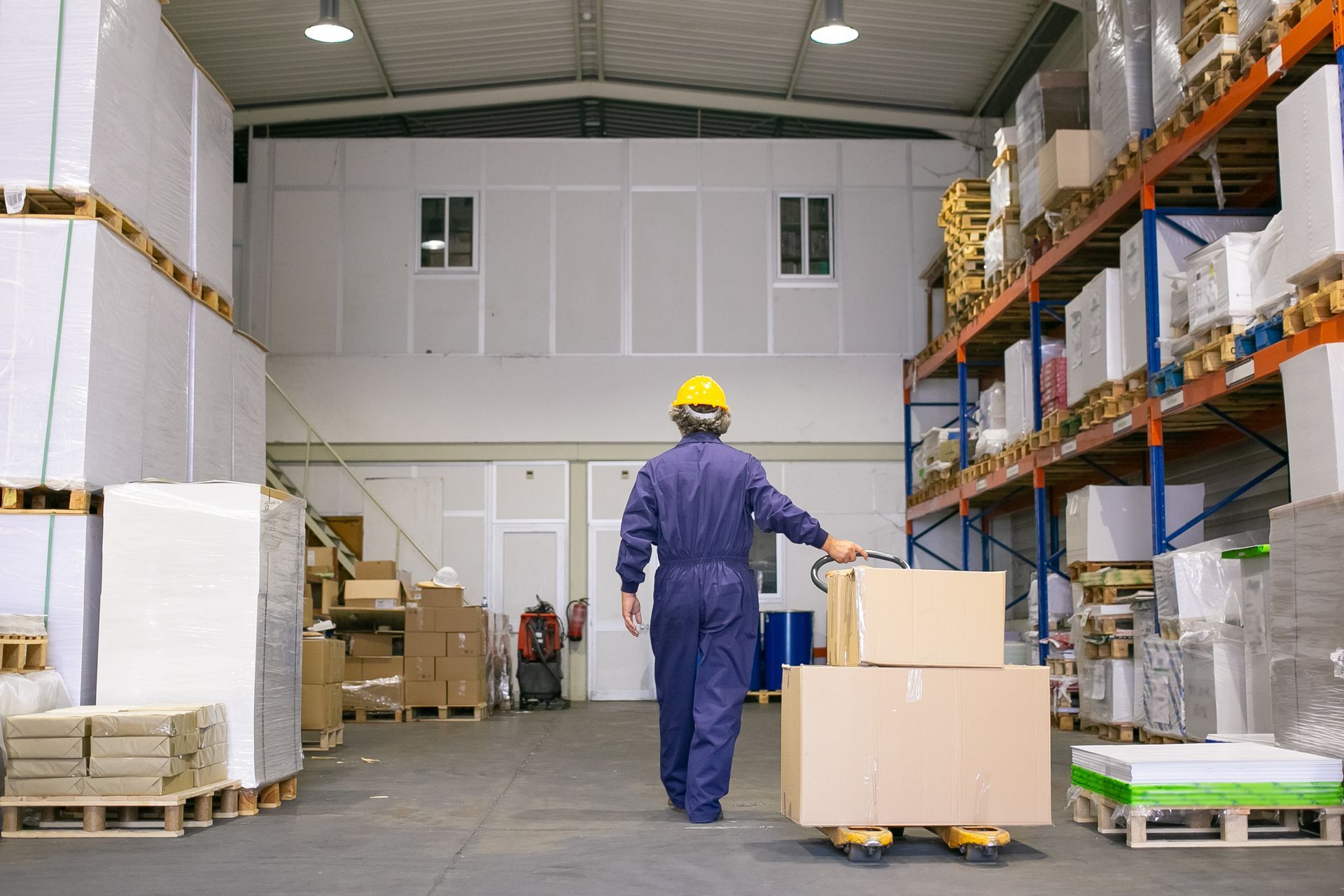 A man is pushing a cart full of boxes in a warehouse.